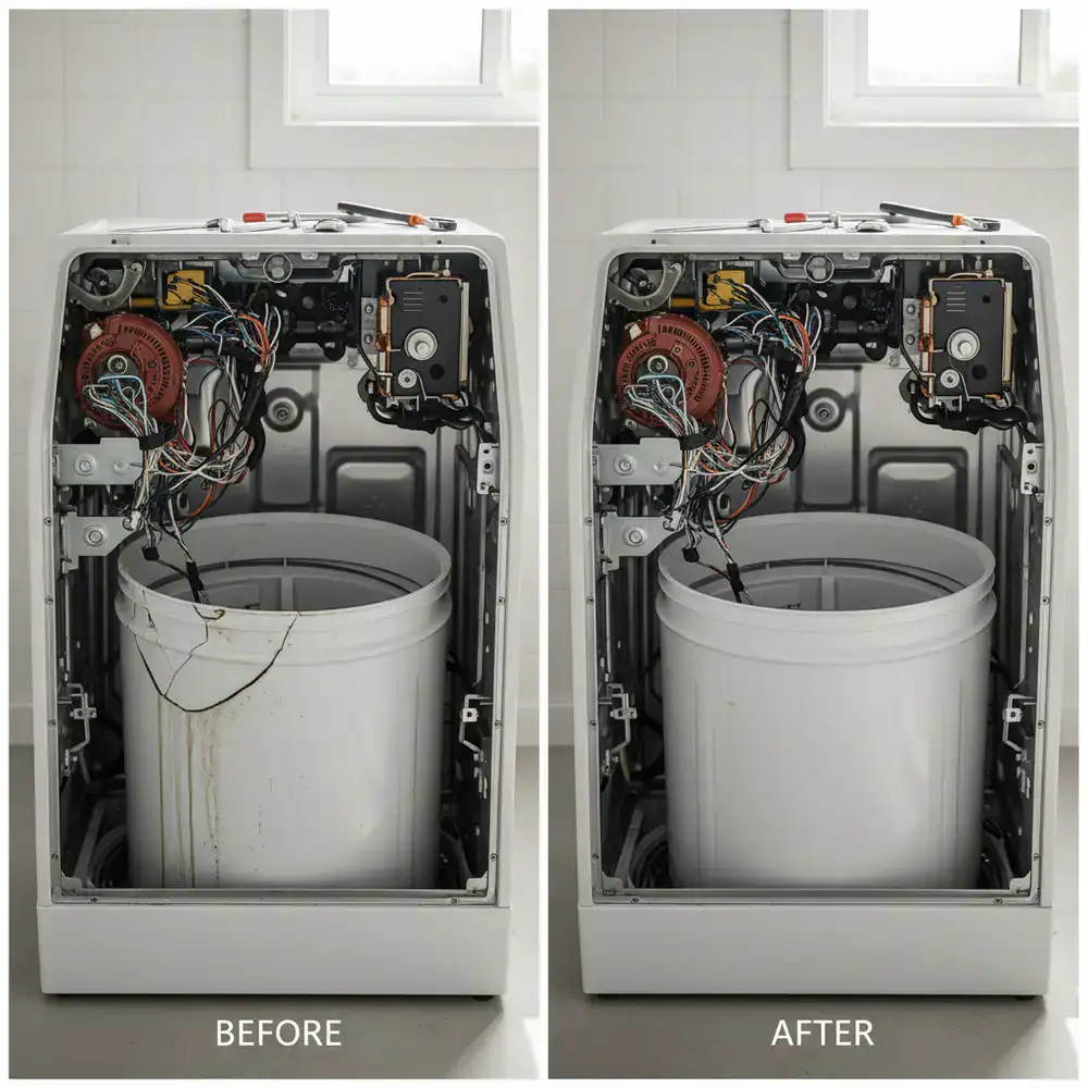 Voor en na foto van een wasmachine reparatie