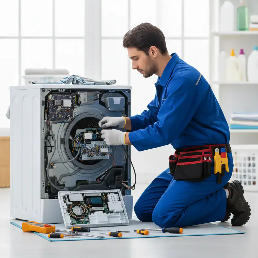 Monteur repareert een wasmachine