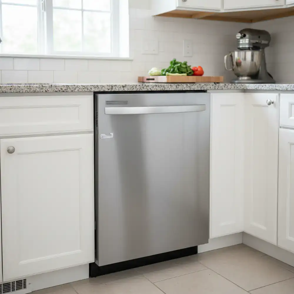 Gerepareerde professionele ogende vaatwasser in keuken